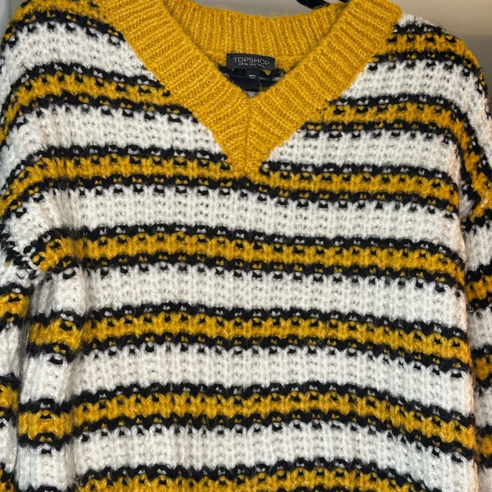 Topshop Yellow and Black Striped V-Neck Sweater